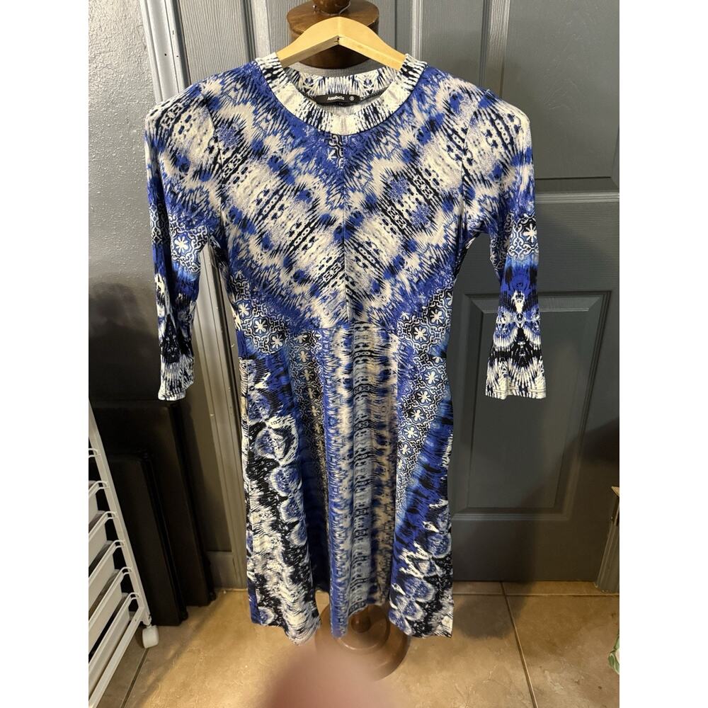 Annabelle Blue Tie Dye Dress Small Fit Flare 3/4 Sleeve Boho Made In USA